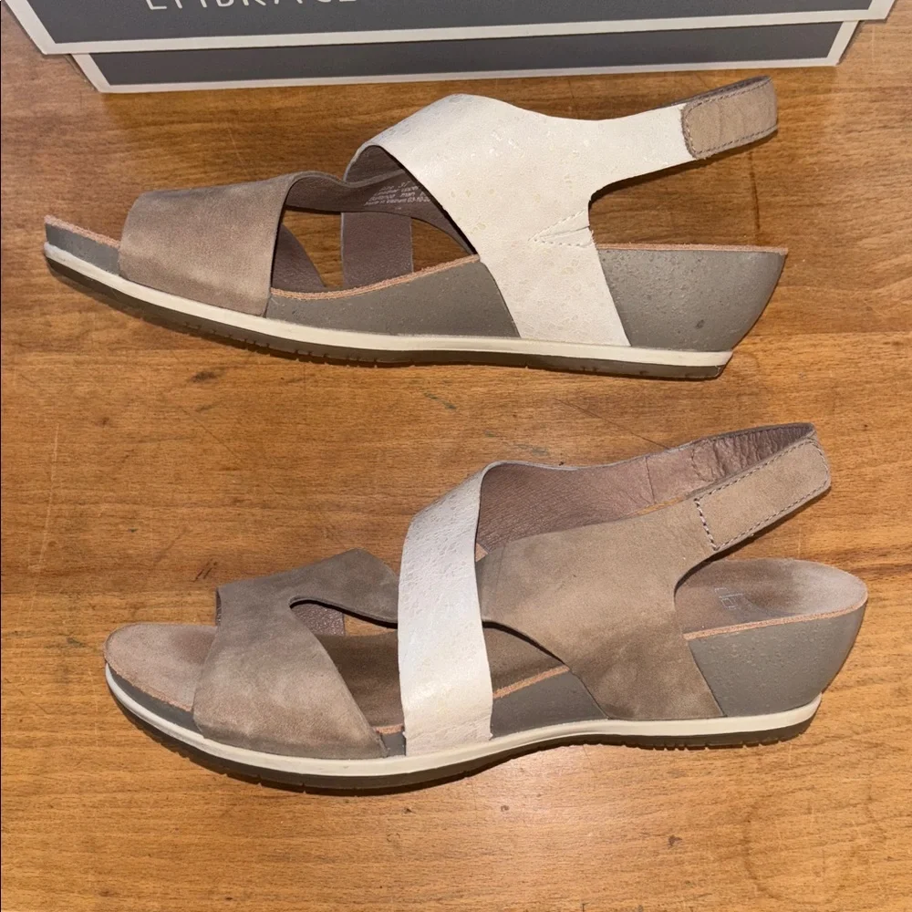 Dansko Brown and Cream Suede & Leather Wedge Sandals, Tiana Size 37 US 6.5-7 NWT